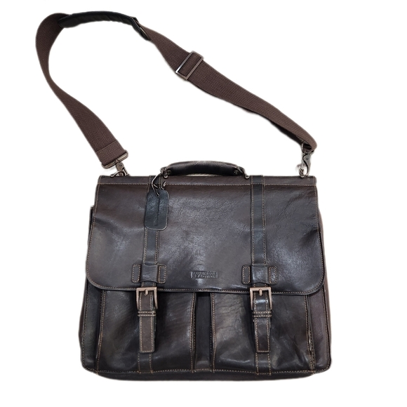 KENNETH COLE Leather Messenger Briefcase,Dark Brown Men's OS - Picture 1 of 13